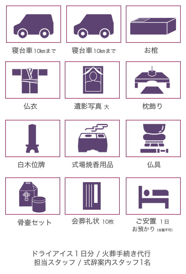 家族葬プラン26の内容は霊柩車、ドライアイス1日分、枕飾り(仏式用)、白木位牌、本骨用骨壺、ご納棺、式場焼香セット、文具記帳類、火葬手続   き代行、お世話スタッフ が含まれます。