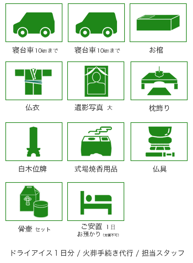 直葬プランの内容は霊柩車、ドライアイス1日分、枕飾り(仏式用)、白木位牌、本骨用骨壺、ご納棺、式場焼香セット、文具記帳類、火葬手続   き代行、お世話スタッフ が含まれます。